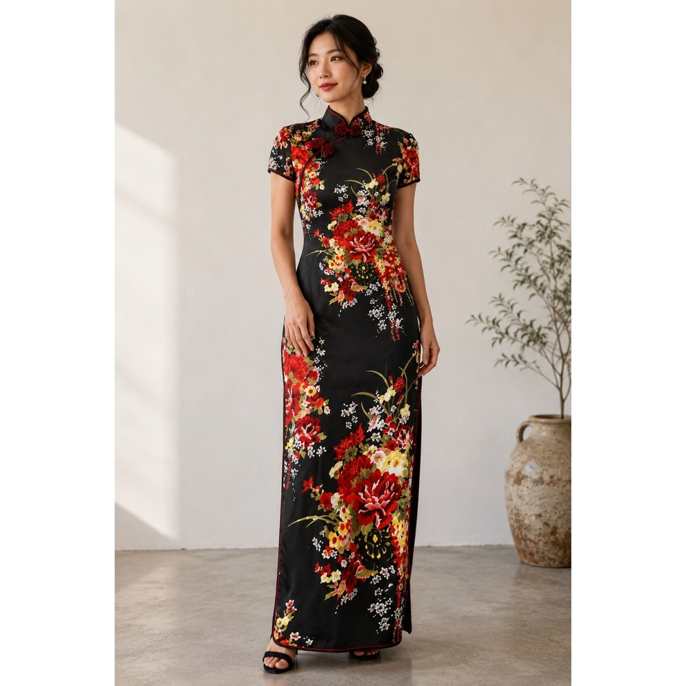 Unbranded Cheongsam Qipao Dress Women Medium Black Red Floral Peony Maxi Slit